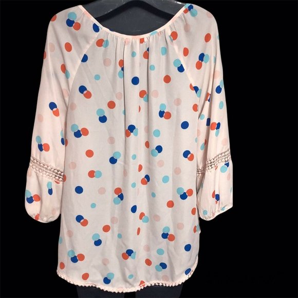 Copper Key Top Womens Sz M Pink Polka Dot Hi-Lo Lace Trim 3/4 Sleeve Blouse - Picture 7 of 12